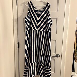 Chaps Navy & White Striped High-Low V-Neck Dress